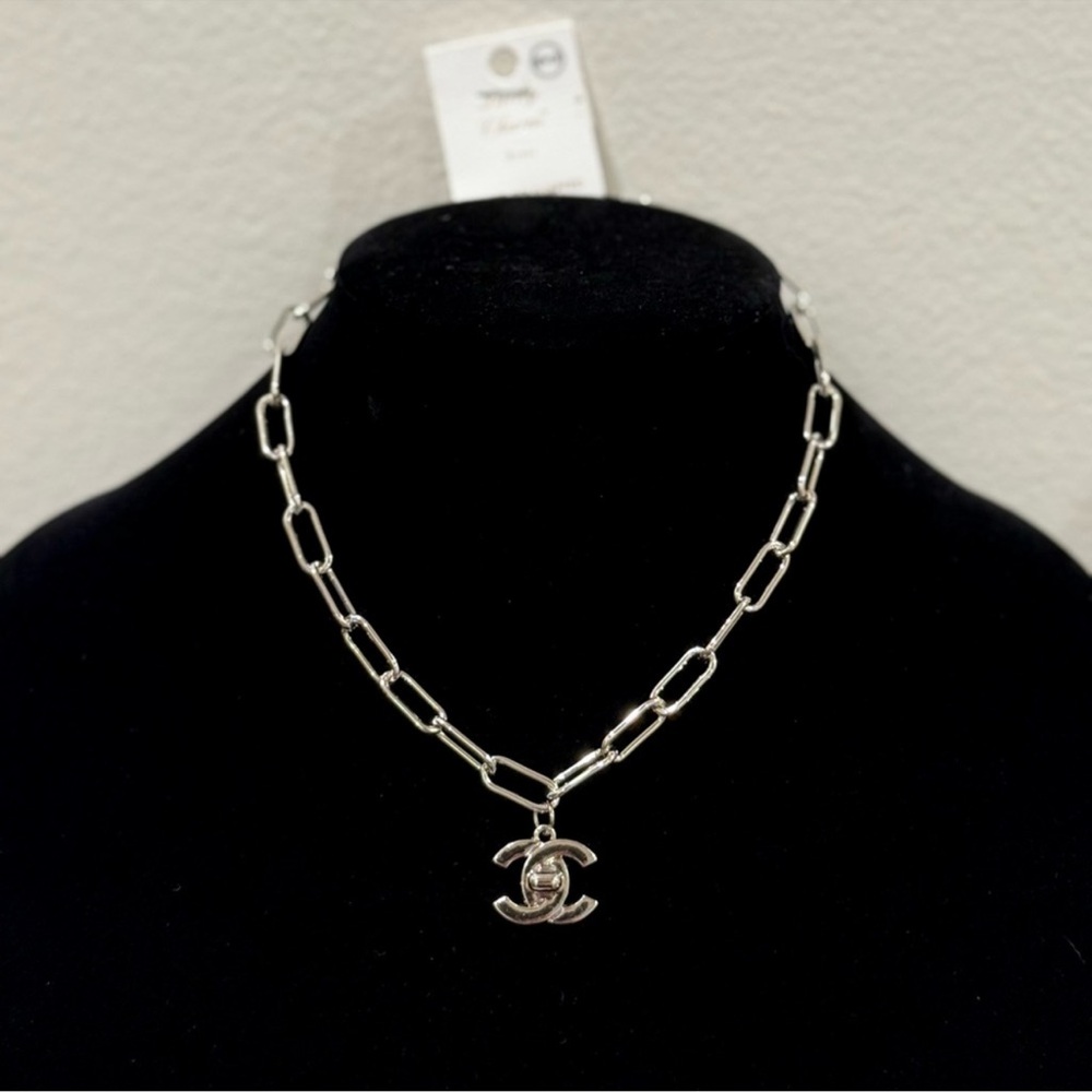 White Gold Dipped Silver  Brass Chain Necklace with Logo Pendant